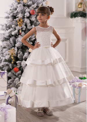 Ivory Lace Tulle Tiered Flower Girl Dress With Satin Binding